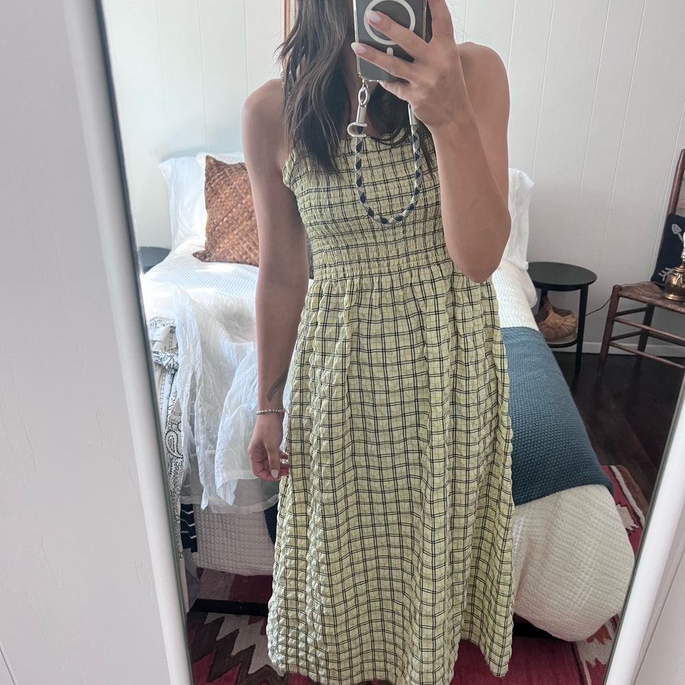 Scotch and Soda yellow plaid shirred midi dress
